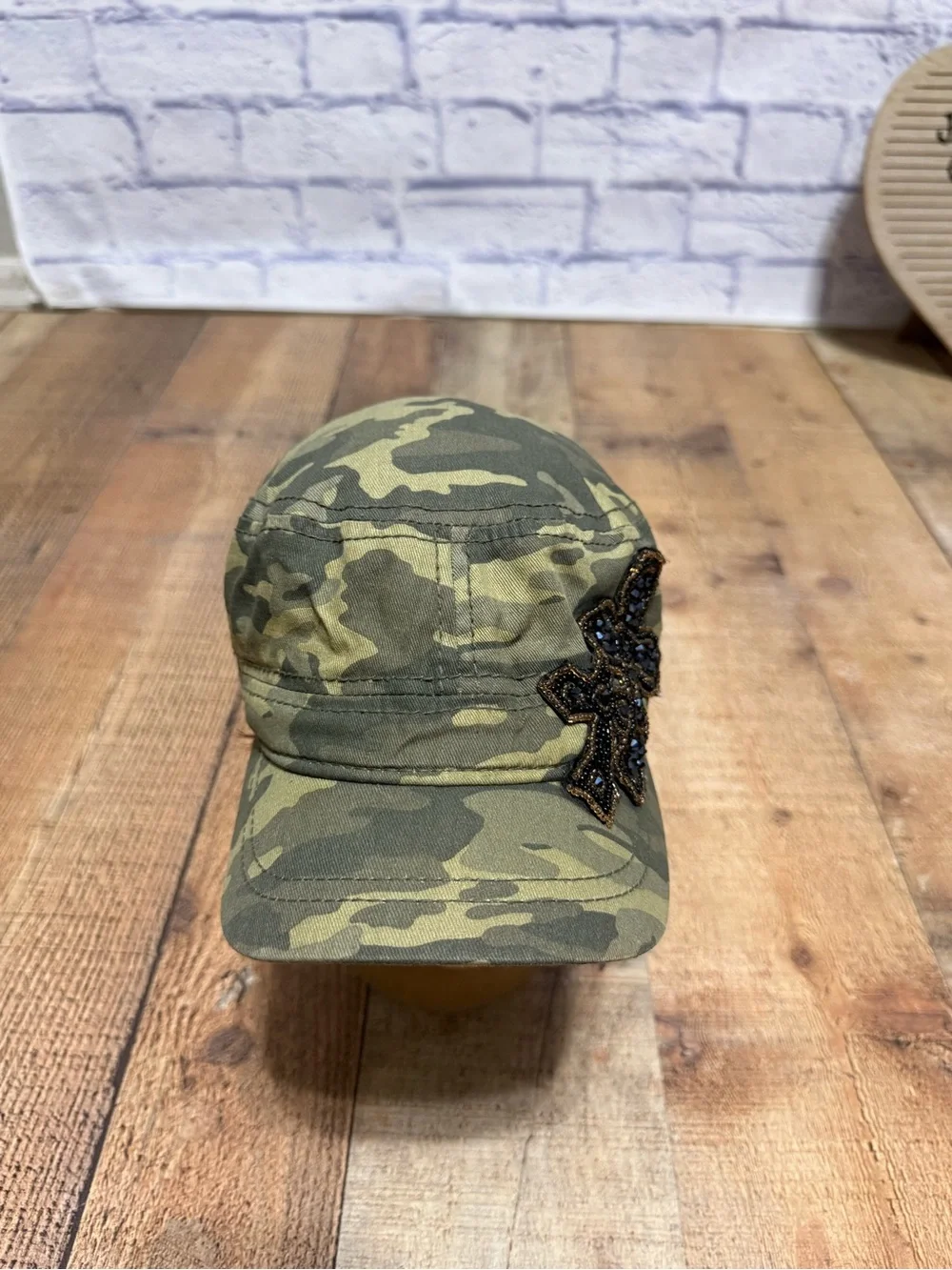 Camo Cadet Hat Cap Beaded Cross Patch Military Style Women's One Size Women's ca